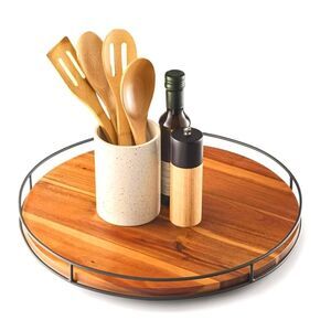 18" Acacia Wood Lazy Susan Turntable with MetalFrame -Large Brown NEW